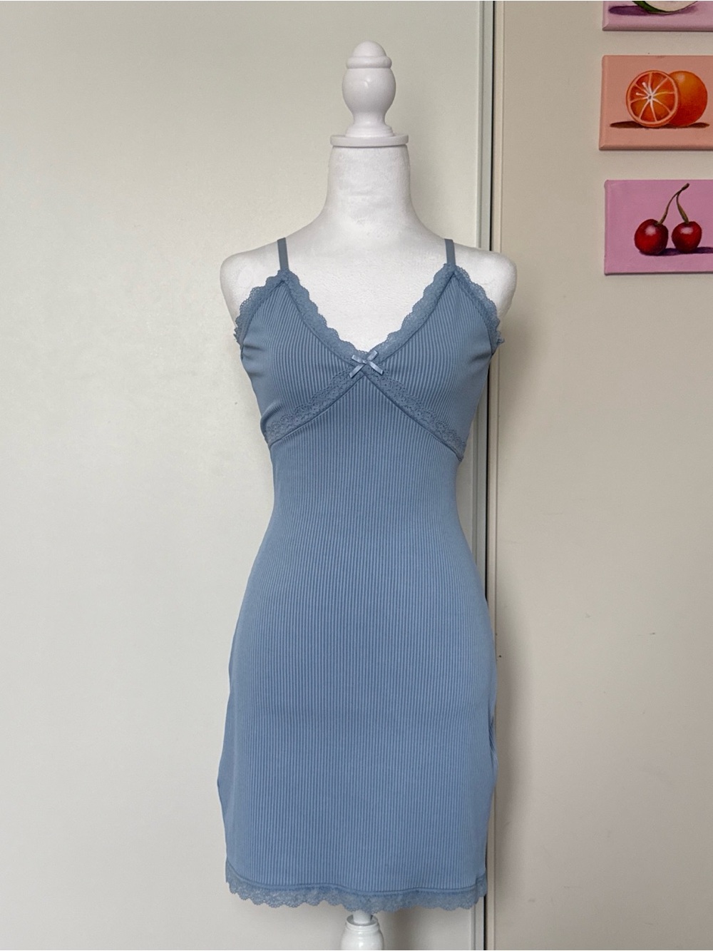H&M Dusty Blue Ribbed Lace-Trim Slip